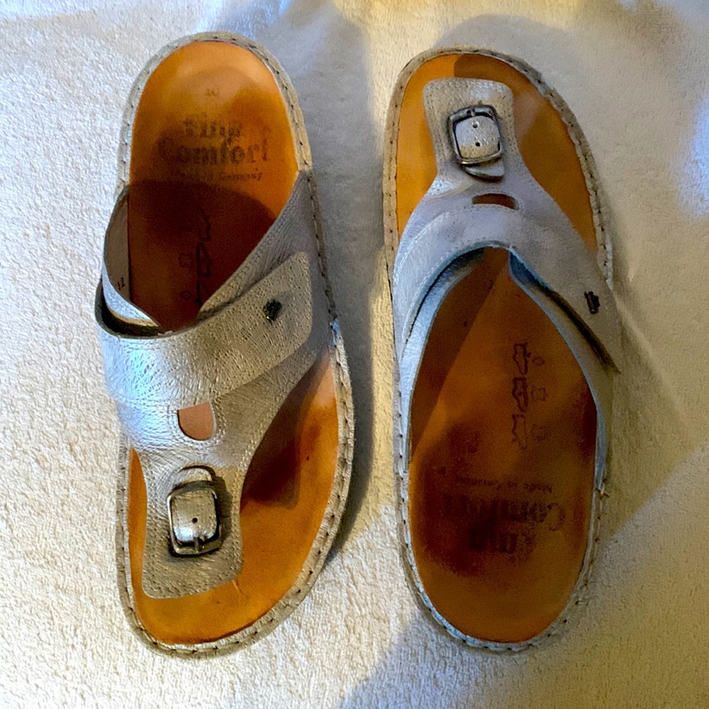 Finn Comfort Alexandria Silver Marley Leather Soft Footbed Sandal. Sz 40